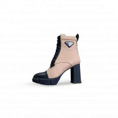 PRADA POLISHED COWHIDE SPLICING NYLON BLOCK HEEL ANKLE BOOTS PRADA POLISHED COWHIDE SPLICING NYLON BLOCK HEEL ANKLE BOOTS